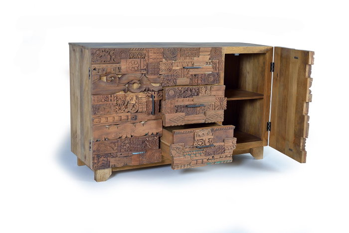 GINER Y COLOMER - Buffet en bois de manguier récupéré naturel - 2 portes et 3 tiroirs - Dimensions 150 x 50 x 90 cm